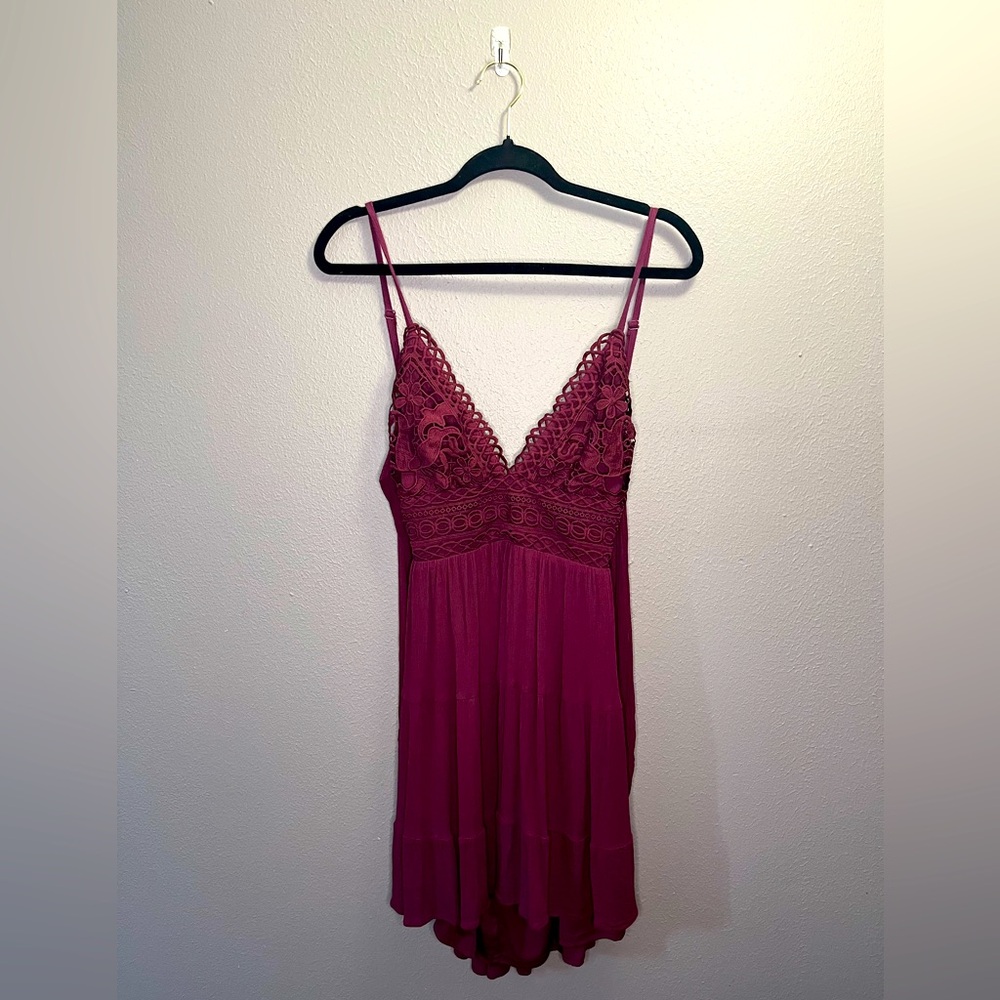 Lovely Day Maroon Strapless Dress W/Tie Up Back and Lace Bust Detail Size M